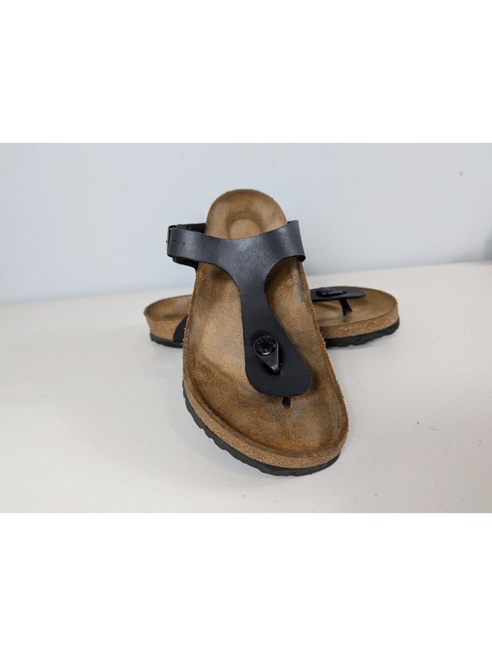 Birkenstock Black Leather Gizeh Sandals Cork Footbed Size 39 EU